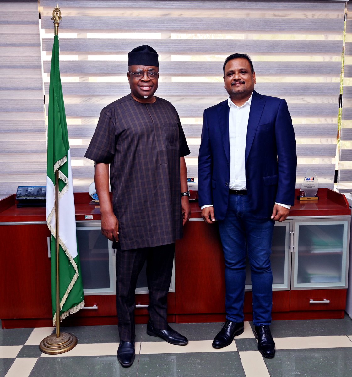 Managing Director Dr @femi__ogunyemi, today, receives Mr. Manish Mundra, the MD/Group Director - Africa, Indorama Group, who paid him a courtesy visit at NEPZA Headquarters Abuja.