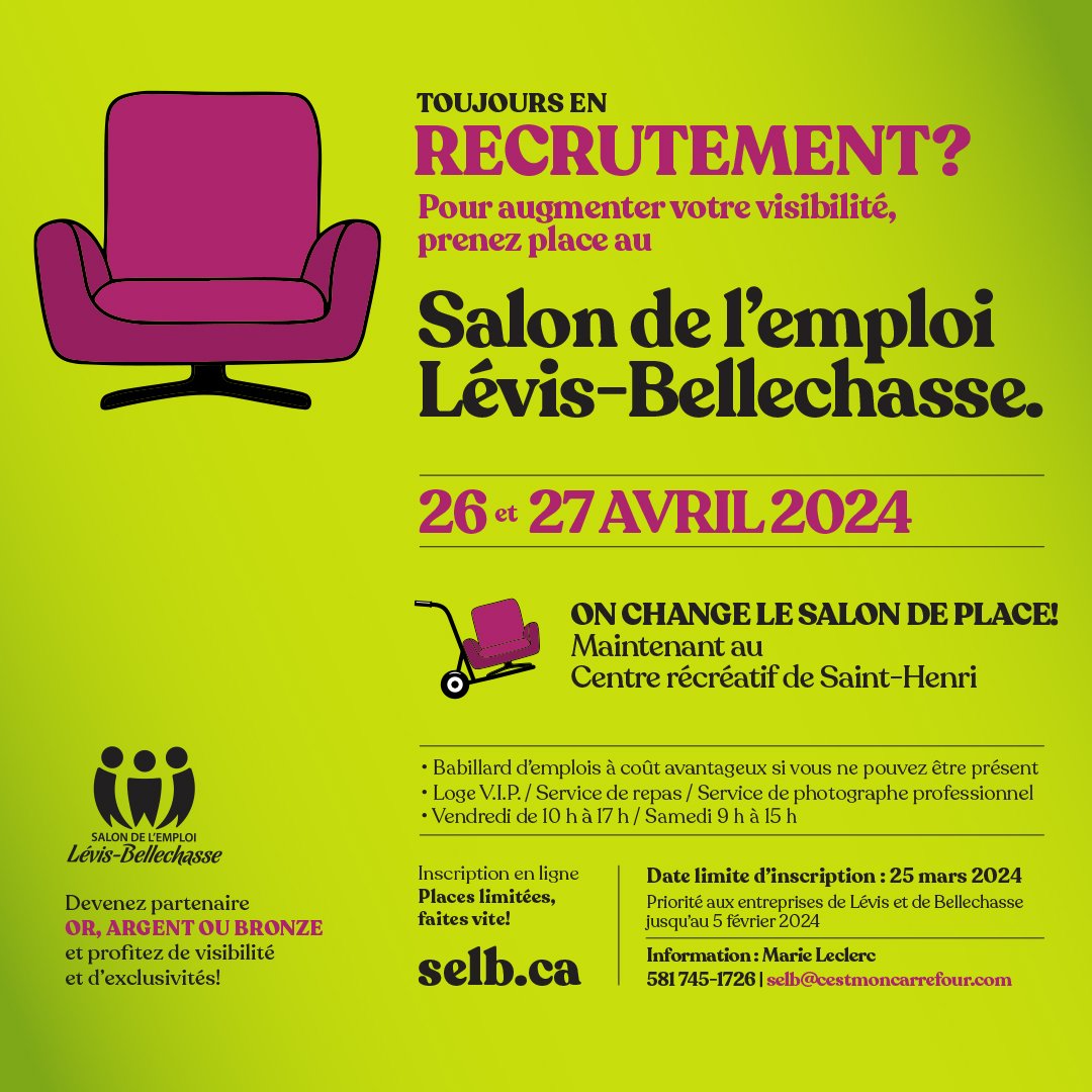 salonemploi_lb's tweet photo. Toujours en recrutement?
Le Salon de l'emploi Lévis-Bellechasse revient et s'installe dans Bellechasse!
26 et 27 avril 2024
Centre récréatif de Saint-Henri
https://t.co/I2PCjoRv0g
Infos Marie Leclerc
581 745-1726
selb@cestmoncarrefour.com https://t.co/7lGI8vP3Qq