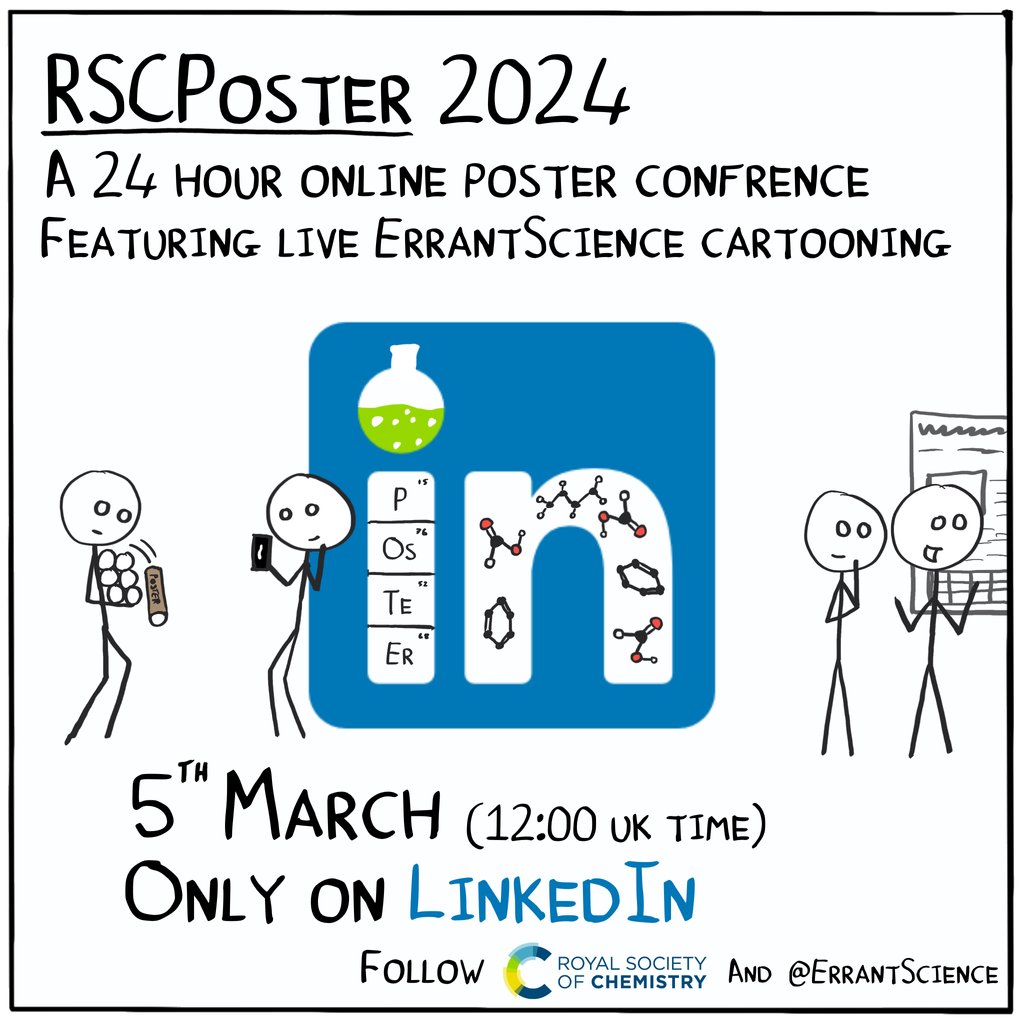 Only one week to go until <a href="/RoySocChem/">Royal Society of Chemistry</a>'s RSCPoster 2024, in its first year on LinkedIn! ErrantScience will be live cartooning throughout! Follow us to see lots of chemistry fun

uk.linkedin.com/company/errant…
uk.linkedin.com/company/roysoc…