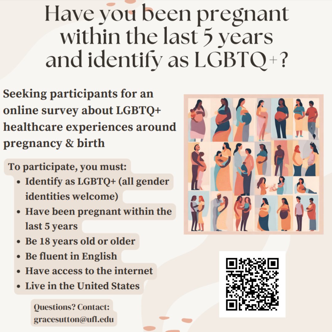 Researchers at the University of Florida (including a KI alum!) are conducting a study on LGBTQ+ folks’ pregnancy and birth experiences. #reprohealth #lgbtqhealth Take the survey here: ufl.qualtrics.com/jfe/form/SV_5h… or scan the code on the flyer.