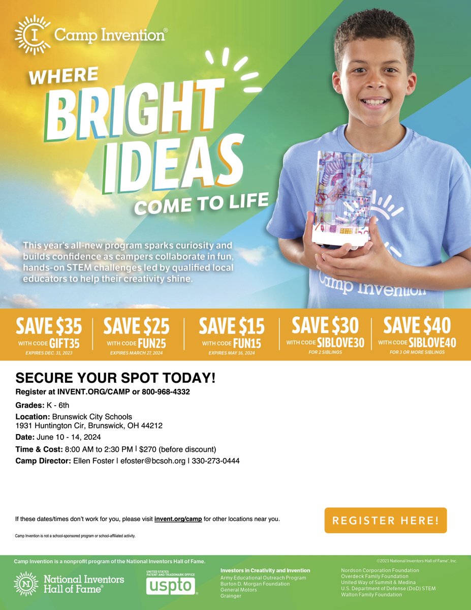 Unlock creativity at Camp Invention! K-6 students learn critical thinking through hands-on activities, fostering creativity, problem-solving, and entrepreneurship. Running June 10-14 at Huntington. Enroll your child for a fun, innovative experience! Questions: efoster@bcsoh.org