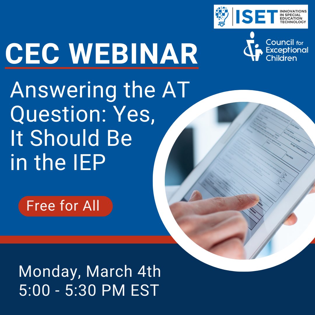 AT in the IEP? NBD! This free webinar presented in partnership with ISET will break down assistive technology myths and explore new guidance from the US Department of Education. exceptionalchildren.org/events/cec-web…