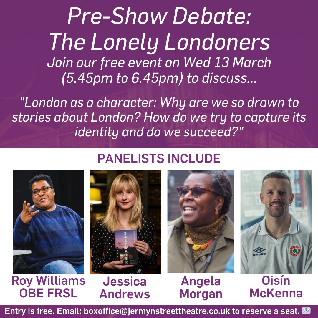 Our pre-show debate for The Lonely Londoners is in just over 2 weeks.👀

Exploring London as a character, we discuss why we're drawn to stories about London, how we capture its identity &amp; if we succeed.🌆

Panelists: @royboywilliams, <a href="/jessicacandrews/">Jessica Andrews</a>, Angela Morgan &amp; <a href="/ois_mck/">Oisín McKenna</a>.⭐️