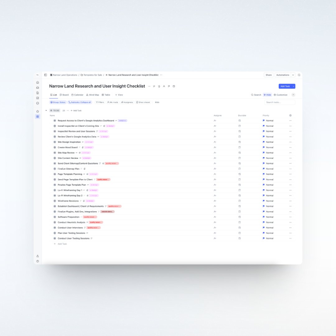 Want a free copy of my Research and User Insight Checklist for @clickup? It's the proven research process we've used for dozens of UX research projects at @narrow_land • Must be following • DM me with the message 'User Insight' Looking forward to sharing!