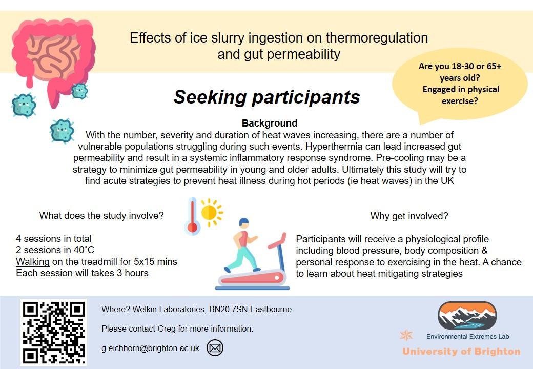 🚨 Study recruitment 🚨

Looking into thermoregulation &amp; gut health in the heat.  Healthy, active 18-30 and 65+ individuals. 

Testing in Eastbourne

If you're interested in taking part or know who might be, get in touch or share.

Please retweet

Thank you 
#Eastbourne #Research