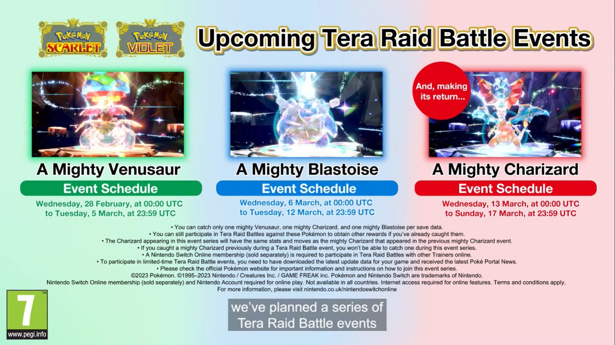 SerebiiNet's tweet image. Serebii Update: Tera Raid Battle events featuring Venusaur, Blastoise and Charizard will run in Scarlet &amp;amp; Violet from tomorrow

Details @ serebii.net