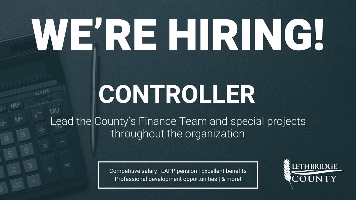 Join our team! ✨

The County is hiring a Controller to lead our Finance Team, assist our Director, Corporate Services on Budget and Year-End & work on various special projects across different business areas.

Apply by March 10: lethcounty.ca/p/careers

#accounting #financejob