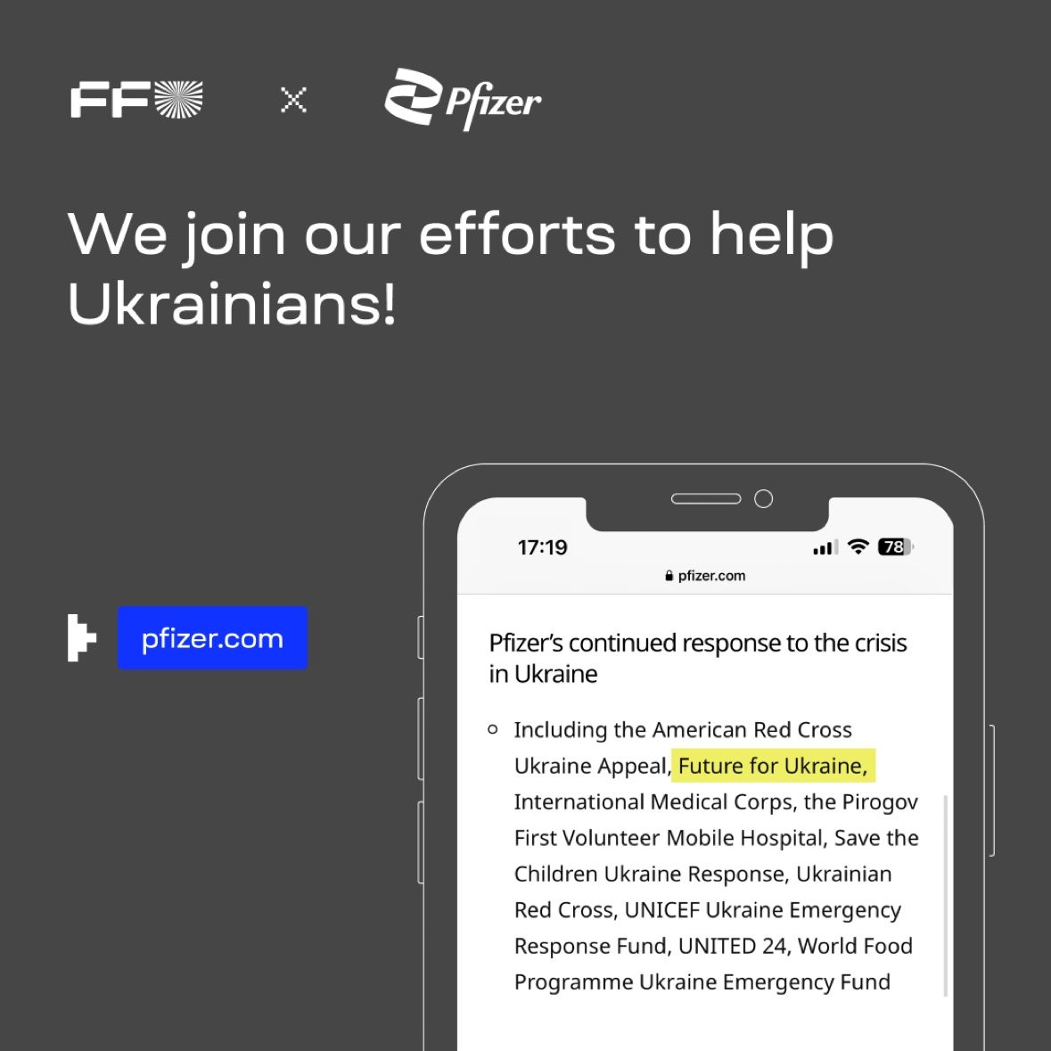 FutureforUa's tweet photo. Since the start of the full-scale invasion, the Pfizer Foundation has provided nearly 40 million dollars in grant funding to 15 Ukrainian NGOs. Among them is our foundation, which received a 1 million dollars grant. We are incredibly grateful to @pfizer for trust in our work! https://t.co/ESWBFdGgYa