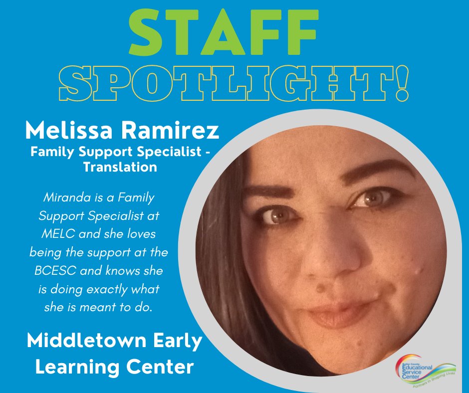 🌟 Meet Melissa Ramirez: Family Support Specialist at Middletown Early Learning Center. Proud mother of 6, grandma of 8. Passionate about art and family time. Loves the impactful work and supportive community at BCESC! 💖🎨 #StaffSpotlight #Proud2BCESC