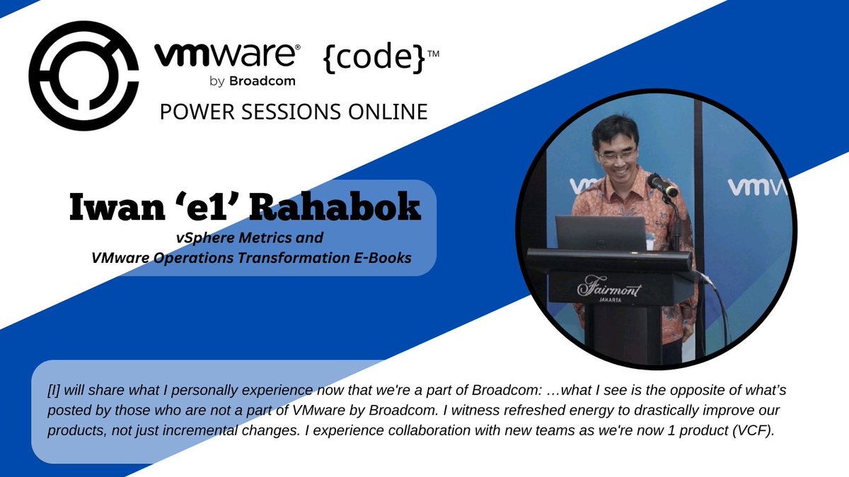 VMwareCommunity's tweet image. 📆 Don&apos;t forget today&apos;s @VMwareCode Power Session! 

Hear from Iwan ‘el’ Rahabok at 7:30pm EST. He’ll discuss his popular new books, the state of #VCF, and why VMware-Broadcom innovation makes him optimistic.  

ow.ly/H1uF50QCUgv
#JoinVMwarecode #VMwareCode