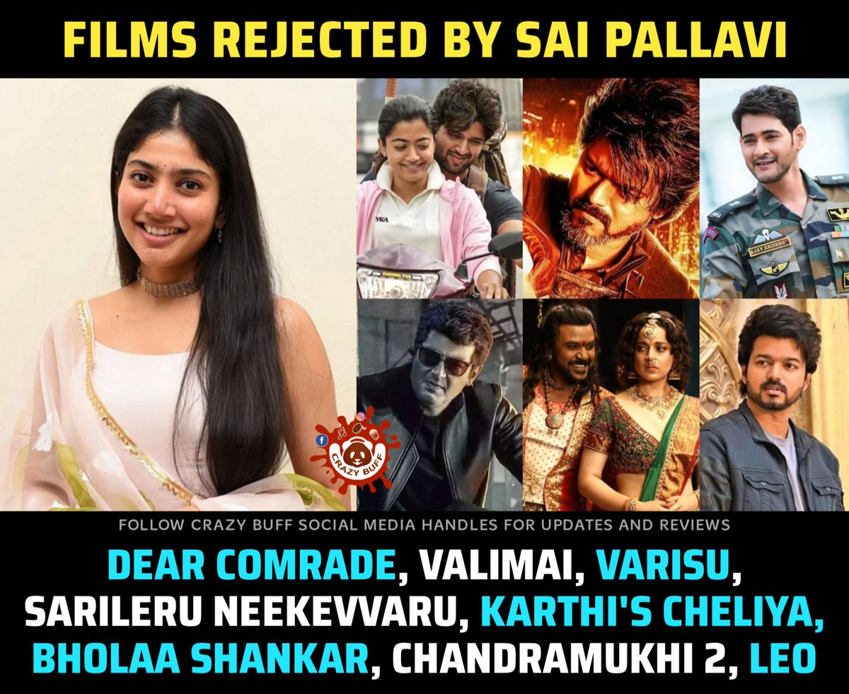 Films rejected by #SaiPallavi.

#DearComrade #SarileruNeekevvaru #Valimai #Varisu #Leo #BholaaShankar #Cheliya #Chandramukhi2 #MaheshBabu #VijayDeverakonda #ThalapathiVijay #Ajith #Chiranjeevi