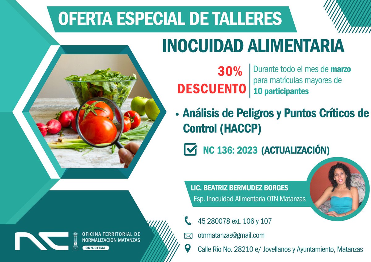 OTNMatanzasCuba's tweet photo. ‼️‼️OFERTA ESPECIAL ‼️‼️
DURANTE TODO 🗓MARZO
👇👇👇
🚨🚨30% DESCUENTO🚨🚨
▶️Taller basado en la NC 136: 2023 “Análisis de Peligros y Puntos Críticos de Control (HACCAP)”
#InocuidadAlimentaria #HACCAP #RiesgosDePeligros #Talleres #OTNMatanzas
👇👇👇 https://t.co/iO7ZKKn0c3