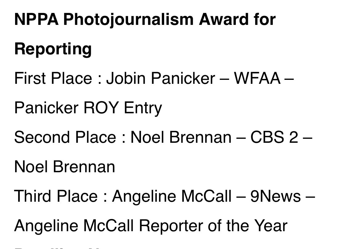 Chris Vanderveen (yepā¦me) (@chrisvanderveen) on Twitter photo Yāall!
<a href="/NPPA/">NPPA</a> just took a look at all of the wonderful photojournalism taking place around the country and decided <a href="/ghostfacegrady/">Mike Grady</a> was the best to have done it in 23
And <a href="/angelinemcccall/">Angeline McCall</a>, a remarkable reporter @9news, was recognized nationally as well!
So proud of both of em Yāall!
<a href="/NPPA/">NPPA</a> just took a look at all of the wonderful photojournalism taking place around the country and decided <a href="/ghostfacegrady/">Mike Grady</a> was the best to have done it in 23
And <a href="/angelinemcccall/">Angeline McCall</a>, a remarkable reporter @9news, was recognized nationally as well!
So proud of both of em