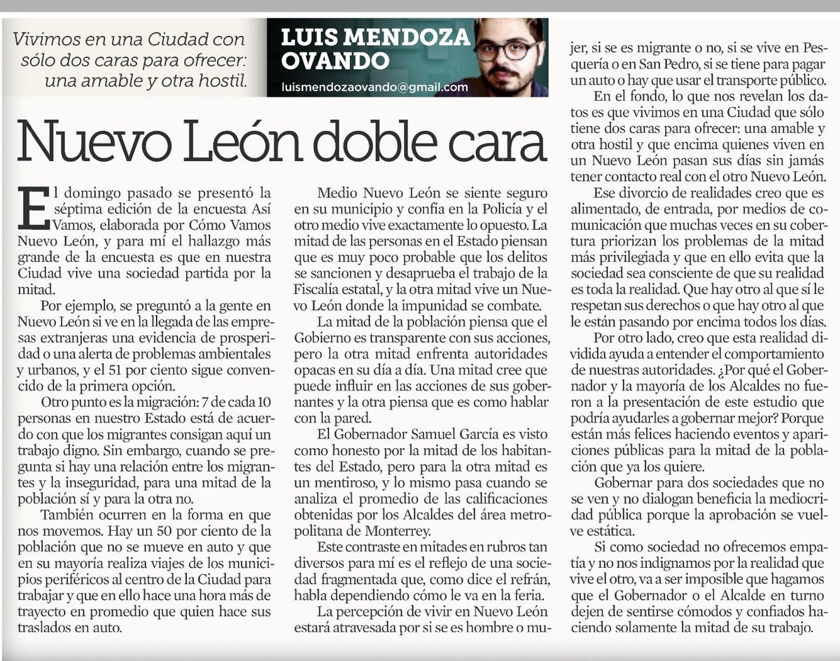 Hoy escribo en @elnorte sobre la encuesta de @comovamosnl y cómo vivir en Monterrrey es una experiencia de dos sopas: muy bien o muy mal.