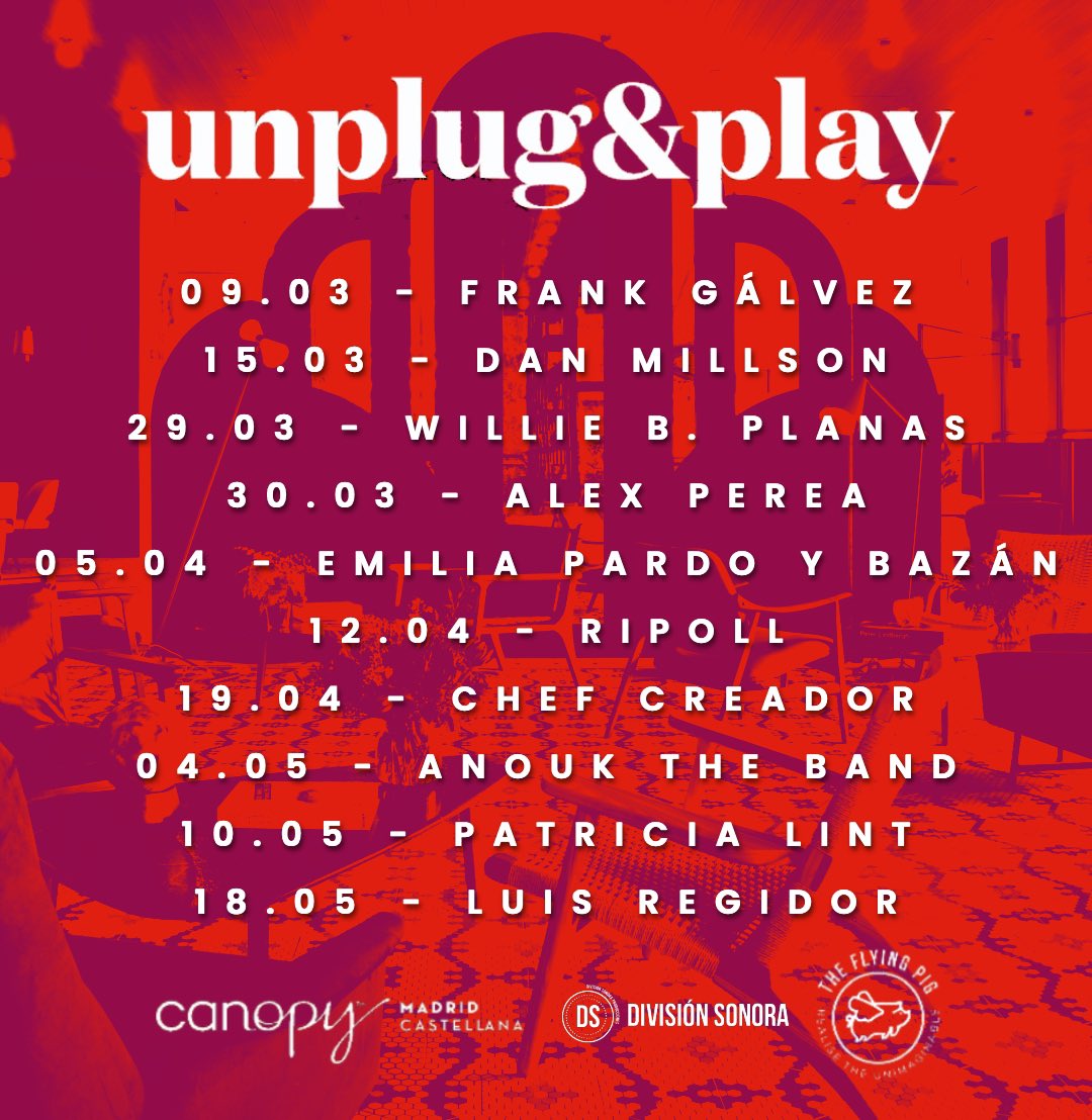 divisionsonora's tweet image. Esta semana descansamos con nuestras citas en #UnplugandPlay de #canopymadridcastellana pero, ¿queréis conocer las citas que tenemos hasta finales de mayo? 

El mejor sitio donde descubrir muy de cerca a las bandas que pronto llenarán ahí por donde vayan. ☺️

¡Entrada libre!