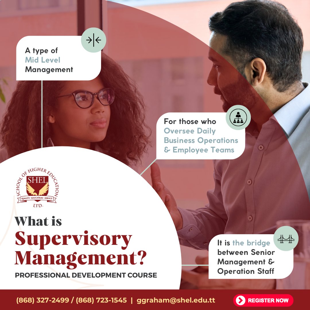 SHELTrinidad's tweet image. Ever wondered what is #SupervisoryManagement and why this is such an important role?
Learn more at  #SHEL&apos;s #ProfessionalDevelopmentCourse in Supervisory Management!
Register Now: 327-2499 | 723-1545 | info@shel.edu.tt
#SchoolOfHigherEducationLtd
#onlinecourses
#Leadership