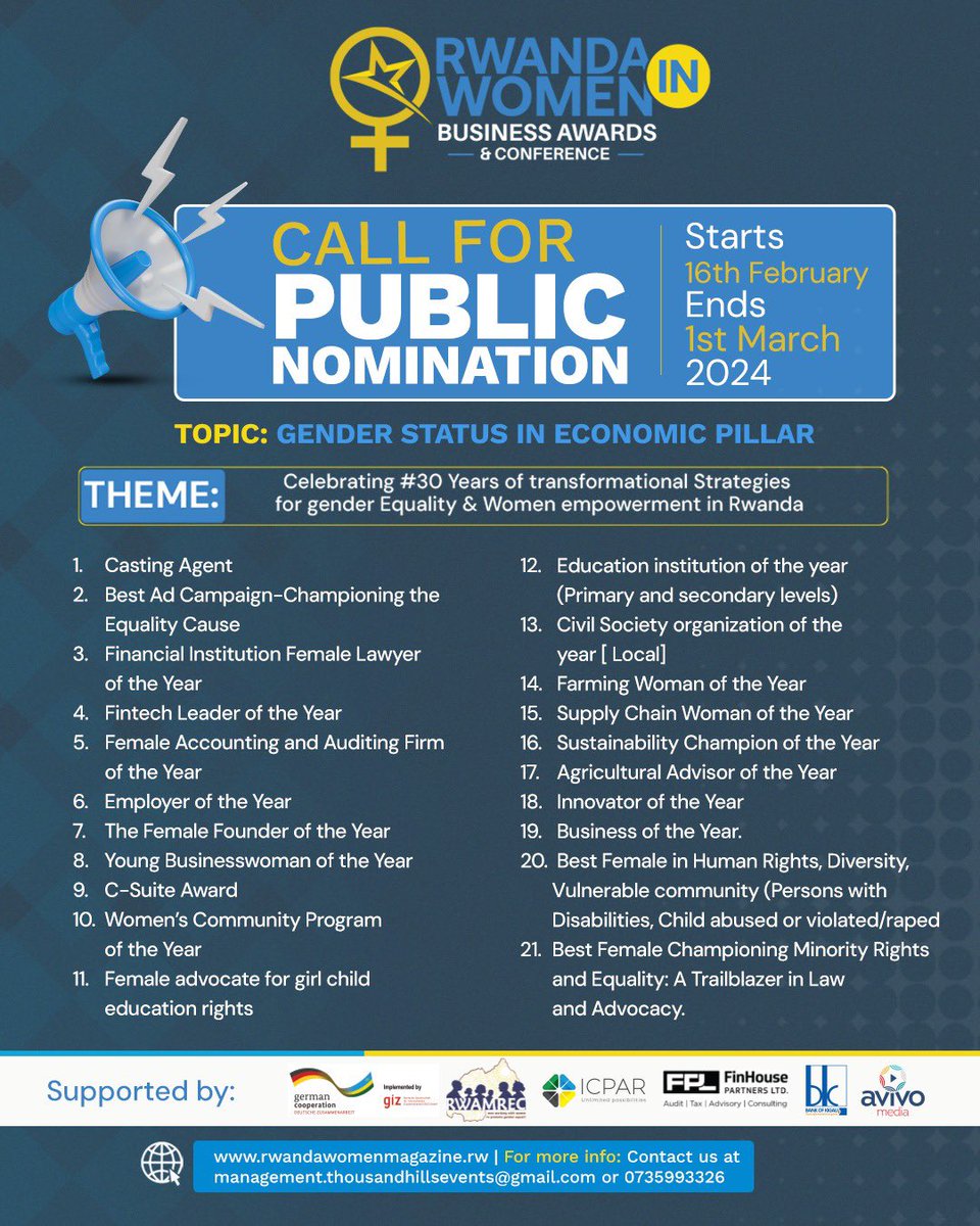 1000HillsEvents's tweet image. Join us in celebrating #RWIBA2024 as we recognize and honor individuals, organizations, and initiatives that have made significant contributions to gender equality and women empowerment in Rwanda over the past 30 years.
#RWIBA2024 #genderequality