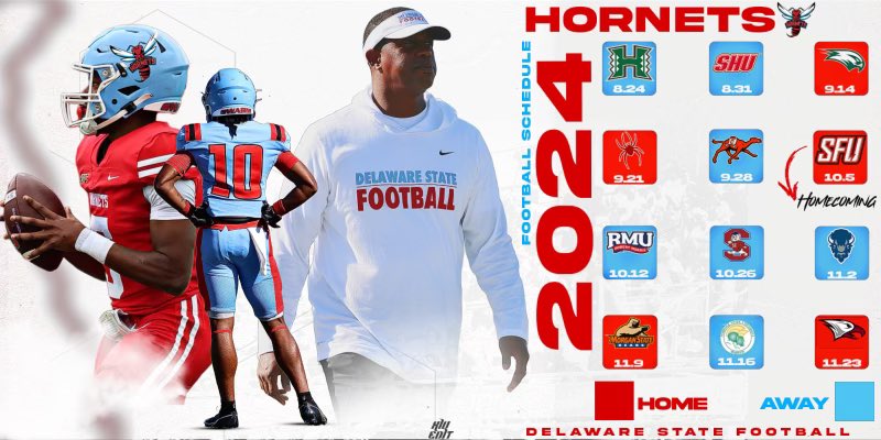 Mark your calendars, the 2024 Delaware State Football Schedule is set. First, we’ll be catching flights and Leis 🌺#GoHornets #MakeAStatement #LegacyandPride