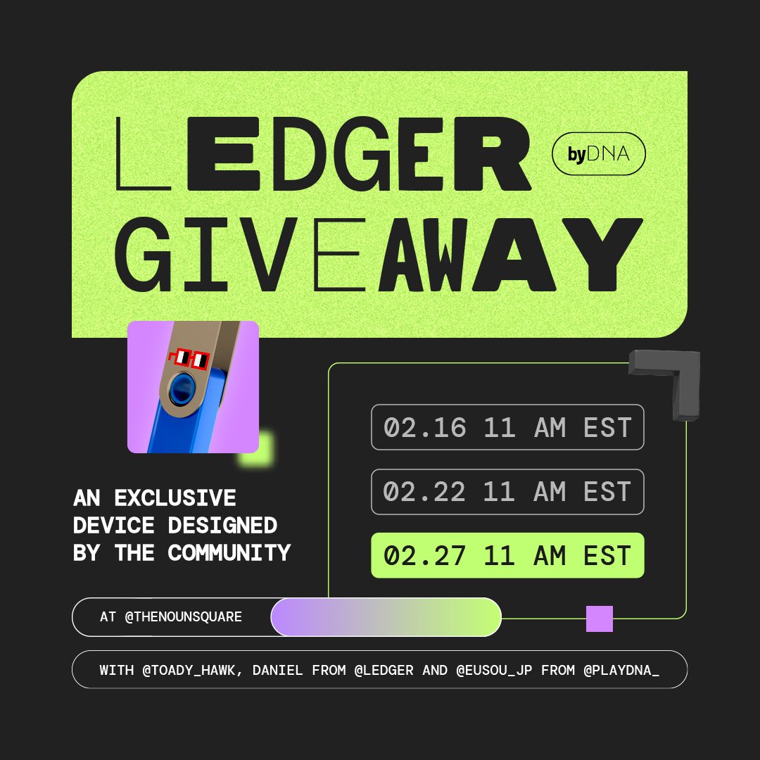 Do you want an exclusive nounish <a href="/Ledger/">Ledger</a> designed by the community, anon? 

🔁 Repost
➕ Follow <a href="/playdna_/">PlayDNA</a>
🔈 Join us today at 11 AM EST at <a href="/thenounsquare/">The Noun Square ⌐◨-◨</a> to learn more about security, governance and web3 with the <a href="/Ledger_Support/">Ledger Support</a> team!

The winner will be announced live and you