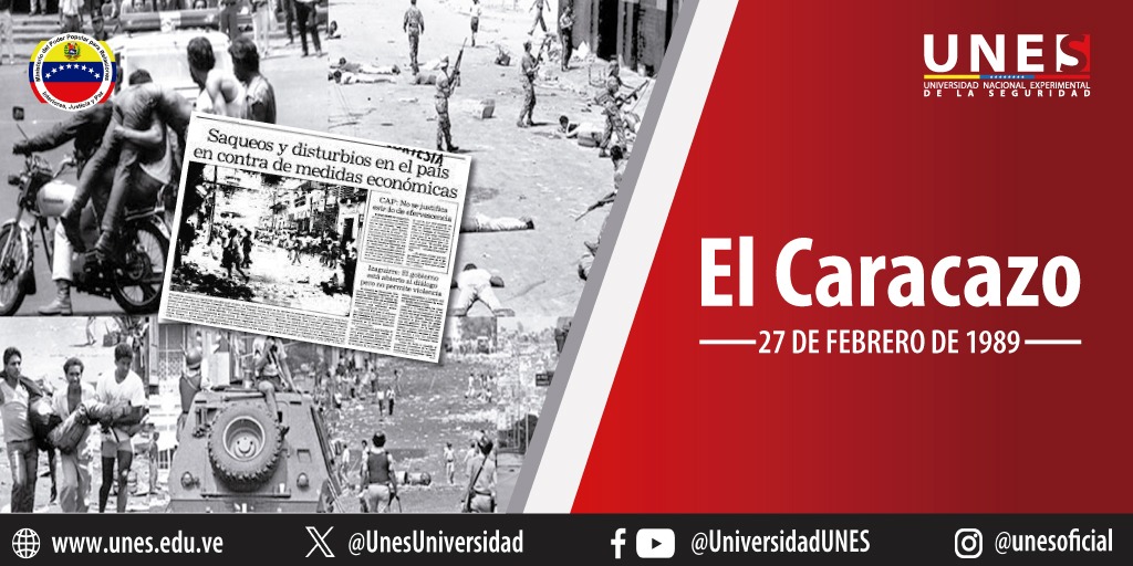 #Efeméride 🗓️ El Caracazo es el nombre de una serie de fuertes protestas, disturbios y saqueos en Venezuela que comenzaron el 27 de febrero de 1989 en Guarenas, se extendieron hasta Caracas y finalizaron el 8 de marzo del mismo año.
#VenezuelaAbreCaminos
#JuntosPorLaVidaYLaPaz