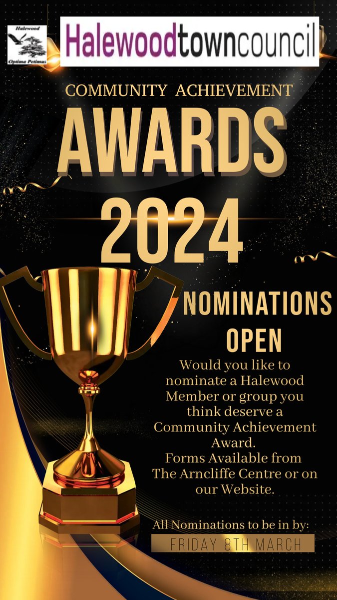 Halewood Town Council Community Achievement Awards 2024 Nominations for the 2024 Halewood Town Council Community Achievement Awards. If you would like to nominate a Member or Group from Our Halewood Community, please complete the form in the link below. halewoodtowncouncil.gov.uk/halewood-town-…