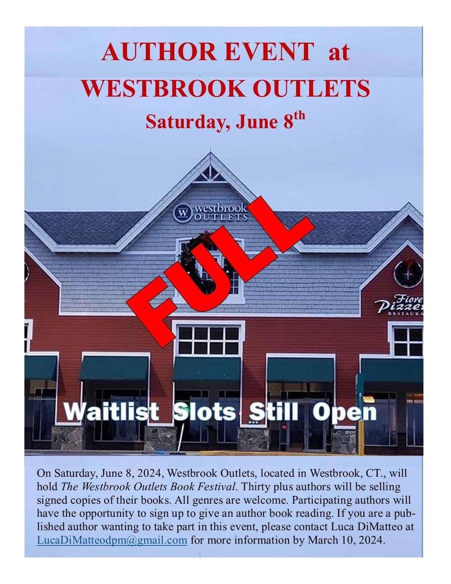 LucaDiMatteo13's tweet photo. Thank you to all the authors who agreed to participate in the Westbrook Book Festival.  All slots are currently full, but I am taking authors who wish to be on a waitlist. https://t.co/uaxpaIhXBI
