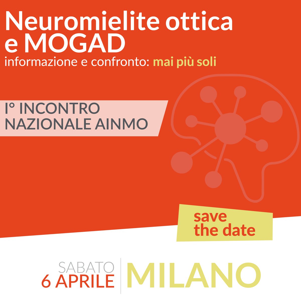 AISM - Associazione Italiana Sclerosi Multipla (@aism_nazionale) on Twitter photo Con AINMO, l'Associazione Italiana Neuromielite Ottica, stiamo organizzando il primo incontro di informazione dedicato alle persone con #NMOSD e #MOGAD, e ai loro familiari: sarà il #6aprile, a Milano. 
Presto vi aggiorneremo con il programma e il luogo dell'evento.🧡
#nmo Con AINMO, l'Associazione Italiana Neuromielite Ottica, stiamo organizzando il primo incontro di informazione dedicato alle persone con #NMOSD e #MOGAD, e ai loro familiari: sarà il #6aprile, a Milano. 
Presto vi aggiorneremo con il programma e il luogo dell'evento.🧡
#nmo