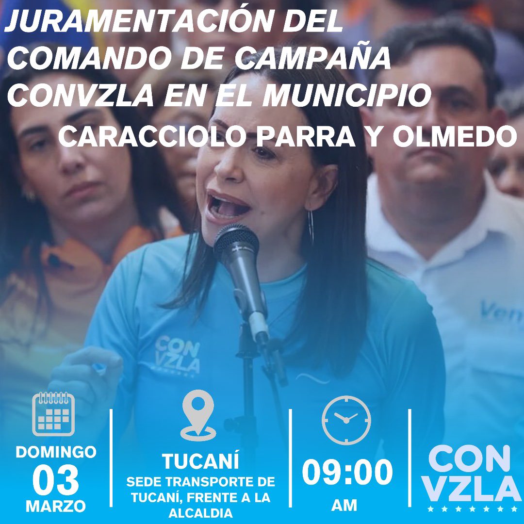 Juramentación del Comando #ConVzla en el municipio Caracciolo Parra y Olmedo.

En apoyo a la candidata presidencial María Corina Machado (@MariaCorinaYA) 🇻🇪 

🗓️ Domingo, #03Marzo 
⏰ 9:00 AM
📍Lugar: Sede del Transporte de Tucaní, Frente a la Alcaldía.

¡Te esperamos!