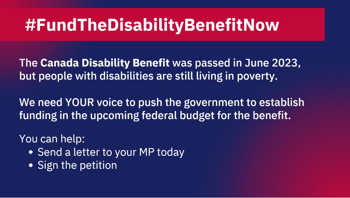 #FundTheBenefitNow
The Canada Disability Benefit was passed in June 2023, but people with disabilities are still living in poverty.
We need YOUR voice to push the government to establish funding!

📝 Sign the petition: leadnow.ca/fund-cdb-petit…