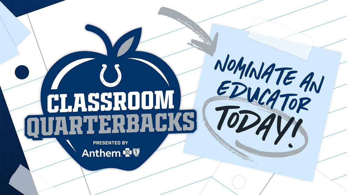 Colts Community (@coltscommunity) on Twitter photo Do you know a Classroom Quarterback? Classroom Quarterbacks presented by Anthem Blue Cross and Blue Shield is NOW OPEN for 2024 nominations!📚💙
Nominate someone here: colts.com/fans/contests/…
<a href="/AnthemBCBS/">Anthem Blue Cross and Blue Shield</a> Do you know a Classroom Quarterback? Classroom Quarterbacks presented by Anthem Blue Cross and Blue Shield is NOW OPEN for 2024 nominations!📚💙
Nominate someone here: colts.com/fans/contests/…
<a href="/AnthemBCBS/">Anthem Blue Cross and Blue Shield</a>