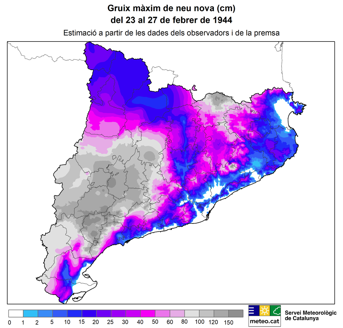 meteocat's tweet photo. 🗓️#Fa80anys de "la Nevada Grossa", el temporal de neu més important del s. XX a les comarques de Ponent, l'altiplà Central i prelitoral tarragoní. Del 23 al 26 de febrer de 1944 va acumular (vegeu taula):
180 cm a #Falset #Priorat
140 cm a #Tàrrega #Urgell
98 cm a #Lleida #Segrià https://t.co/5nfND12pzO