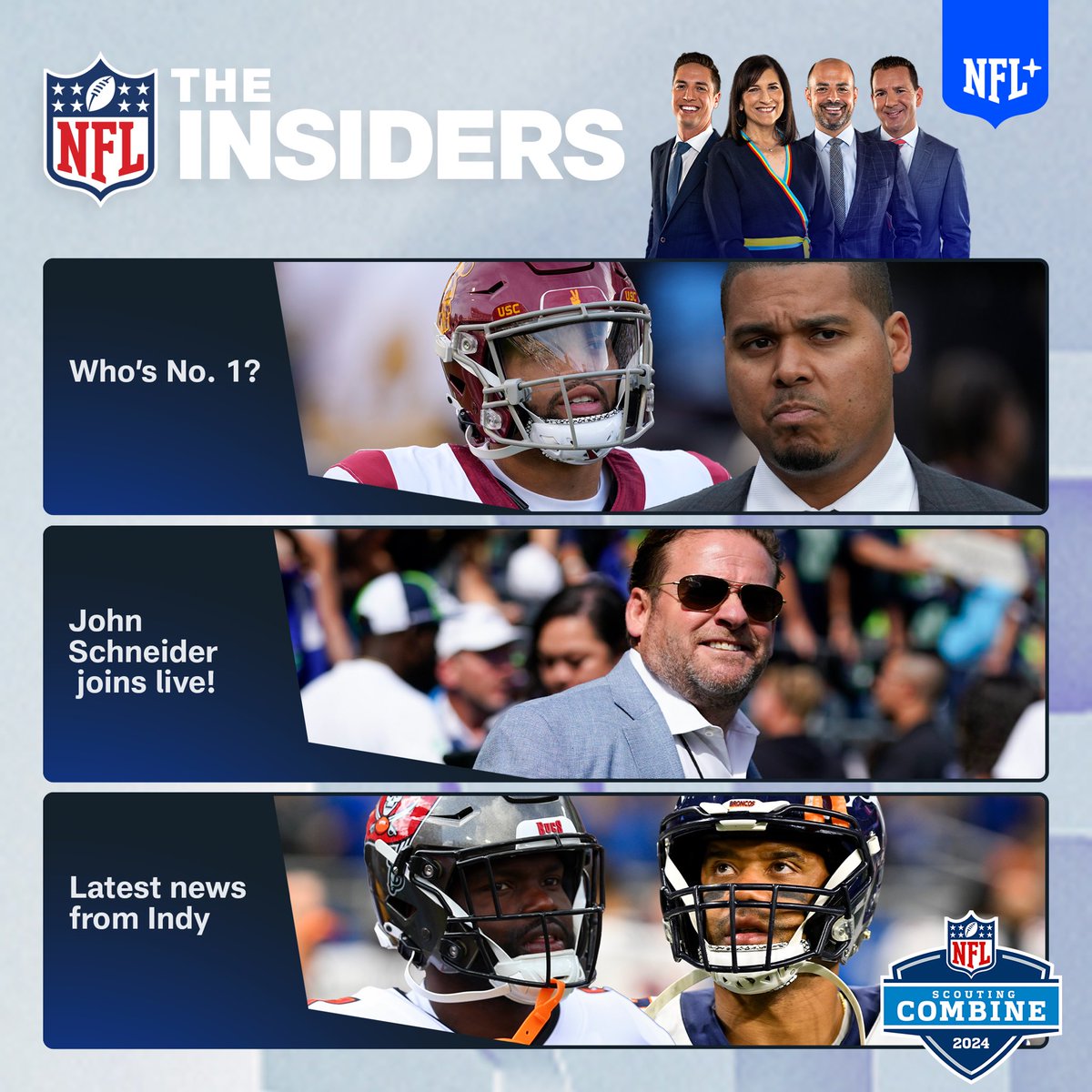 MikeGarafolo's tweet image. The Insiders on @nflnetwork returns today live from the Scouting Combine in Indianapolis 1-3pm Eastern. #Seahawks GM John Schneider joins us. Tune in for news and notes on the Combine, free agency and more.