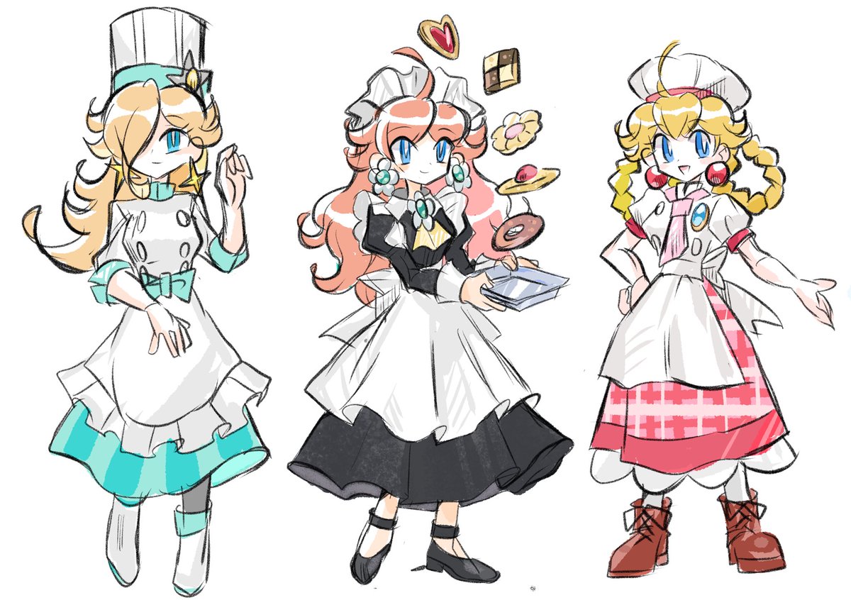 princess peach ,rosalina multiple girls 3girls food blonde hair hat blue eyes hair over one eye  illustration images