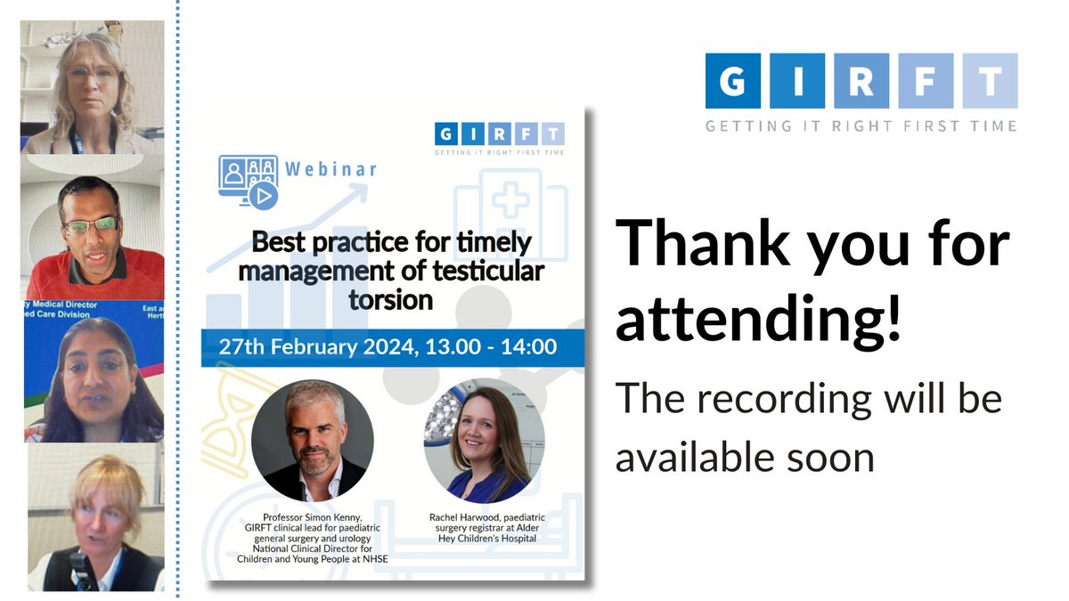 Thanks to all who joined us today for our webinar on best practice for timely management of testicular torsion, esp to our panel of speakers Missed it? A recording will be sent to everyone who registered & will be on the GIRFT website soon Our TT pathway: bit.ly/3HYcfsc