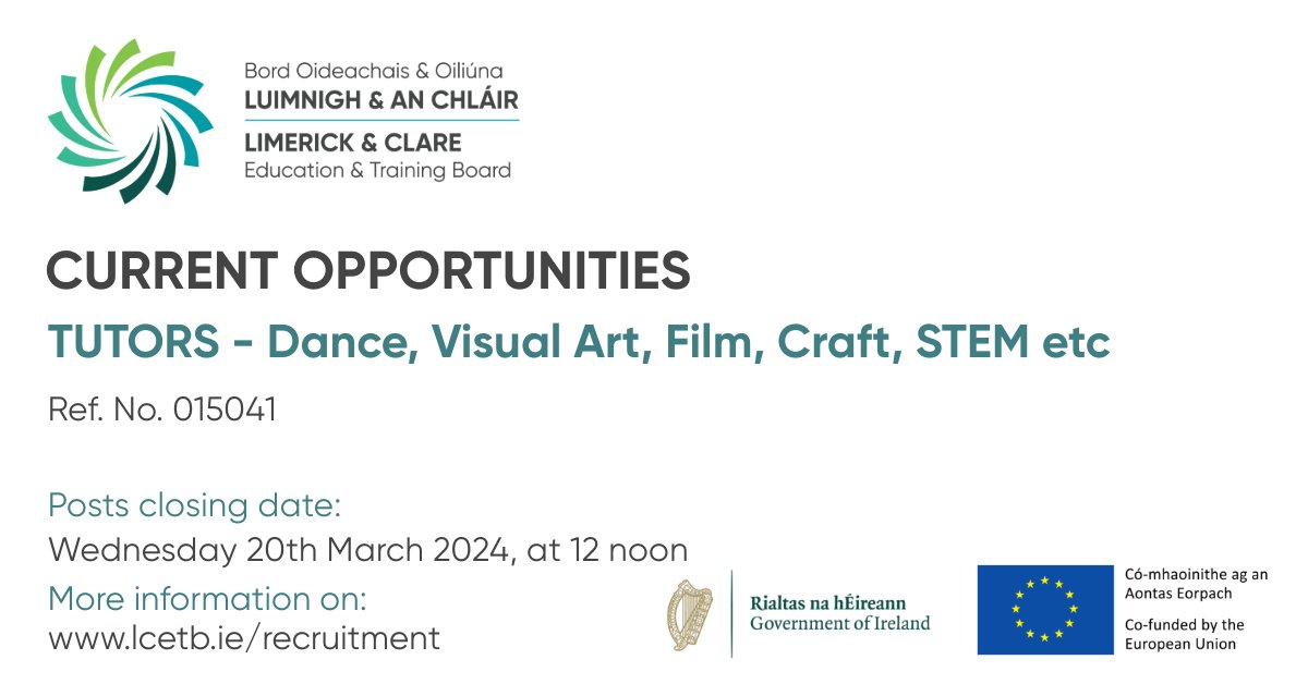 Join our team! We are currently seeking applicants for a variety of Local Creative Youth Partnership Tutors in the region. For more information & the full list of tutors click here: bit.ly/39WfBKJ #recruitment #etbcareers #Limerick #Clare @LimClareETB_CYP @creativeirl