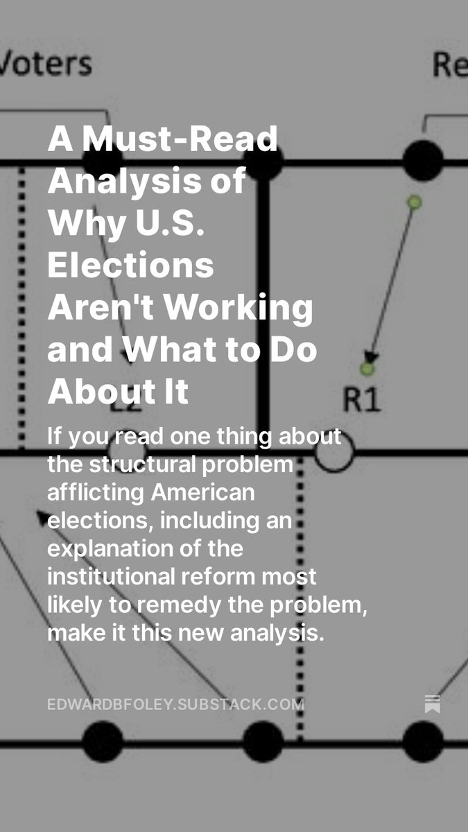 If you read one thing about the structural problem afflicting American elections, including an explanation of the institutional reform most likely to remedy the problem, make it this new analysis. A Must-Read Analysis of Why U.S. Elections Aren't Working: open.substack.com/pub/edwardbfol…