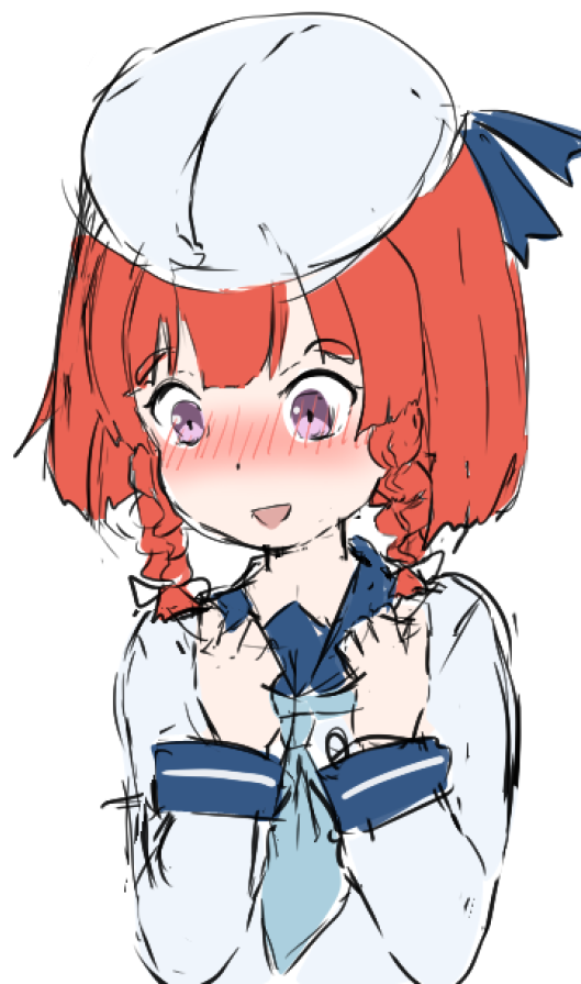 etorofu (kancolle) 1girl solo hat braid red hair twin braids white background  illustration images