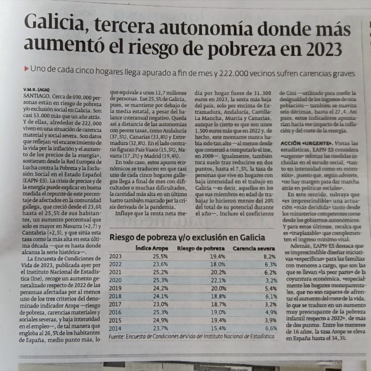 Casi 700.000 personas en riesgo de pobreza en Galicia.
Somos una de las Comunidades Autónomas en las que más ha crecido la pobreza.
Estás cifras son intolerables.