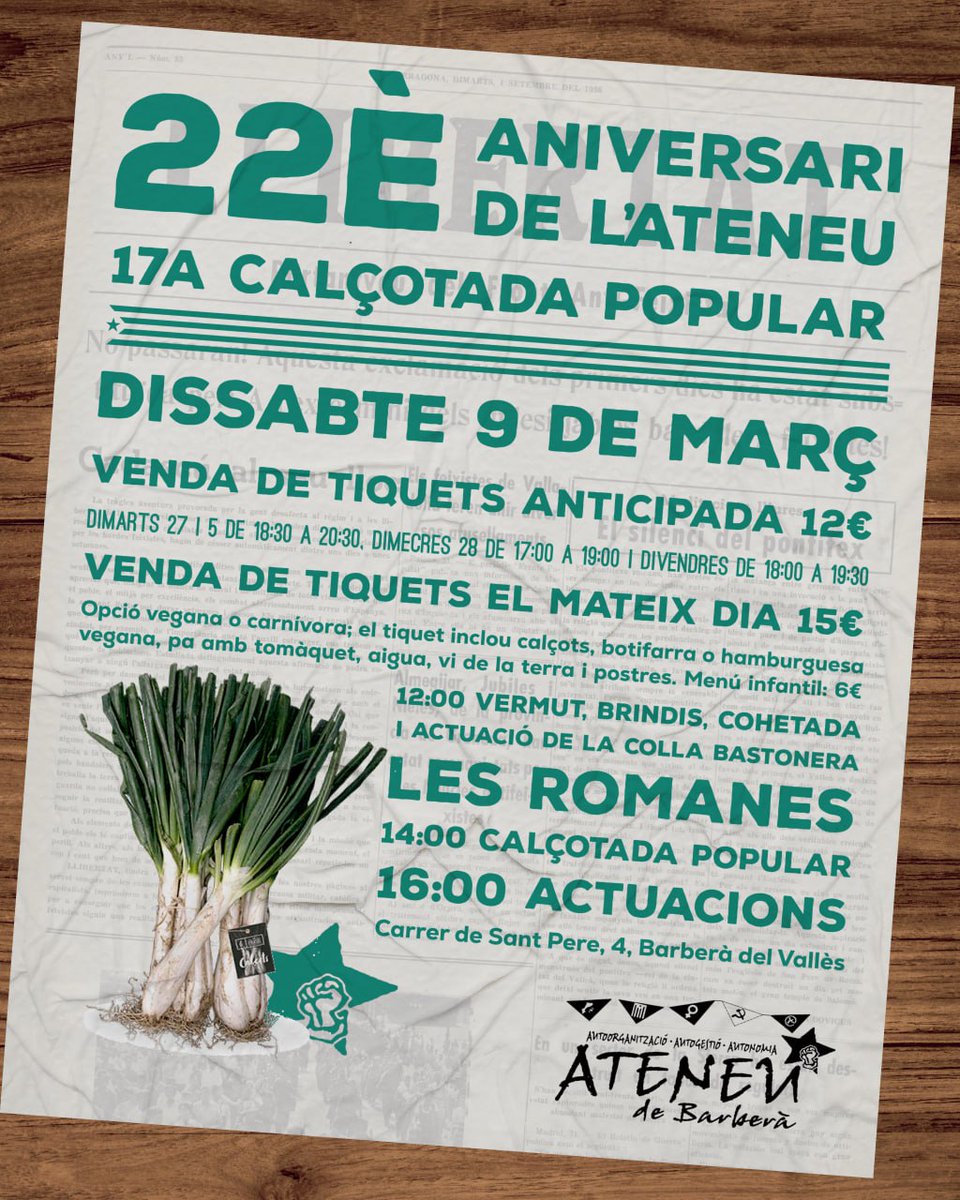 El proper 9 de març celebrem el 22è aniversari de l'Ateneu #BarberàDelVallès ! Torna la Calçotada Popular! Enguany organitzem la 17na edició! Com sempre serà un dia amb actuacions musicals i molt bon ambient! Recordeu agafar tiquet anticipat que s'esgoten! #22AnysAteneuBarberà