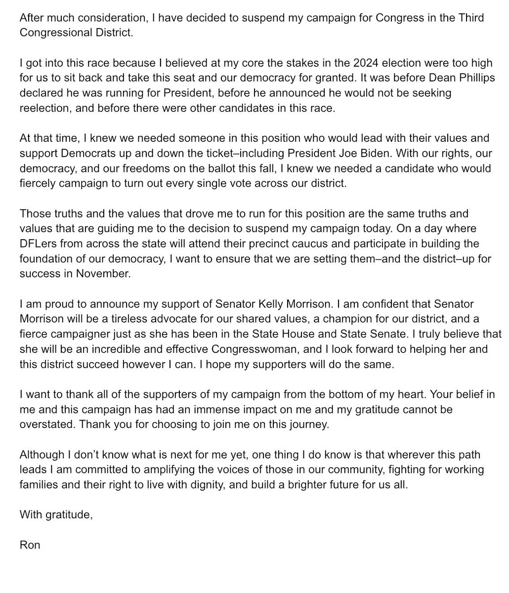 What a journey! After much consideration, I have decided to suspend my campaign for Congress in Minnesota’s Third Congressional District. I could not be more grateful for the support, encouragement, and investment from so many of you. My full statement: