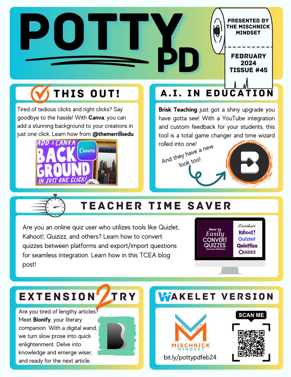 Brent Mischnick (@mischmindset) on Twitter photo Enjoy the NEW issue of #pottypd Tissue 45, February 2024 presented by #themischnickmindset is now available on <a href="/wakelet/">Wakelet 💙</a> and designed using <a href="/canva/">Canva</a>
Shoutout to <a href="/briskteaching/">Brisk Teaching</a>, <a href="/themerrillsedu/">themerrillsedu 👓👗💚 #interACTIVEclass</a>, <a href="/TCEA/">TCEA</a> for their great sharing of ideas!
wakelet.com/wake/lDW5mlnmh… Enjoy the NEW issue of #pottypd Tissue 45, February 2024 presented by #themischnickmindset is now available on <a href="/wakelet/">Wakelet 💙</a> and designed using <a href="/canva/">Canva</a>
Shoutout to <a href="/briskteaching/">Brisk Teaching</a>, <a href="/themerrillsedu/">themerrillsedu 👓👗💚 #interACTIVEclass</a>, <a href="/TCEA/">TCEA</a> for their great sharing of ideas!
wakelet.com/wake/lDW5mlnmh…