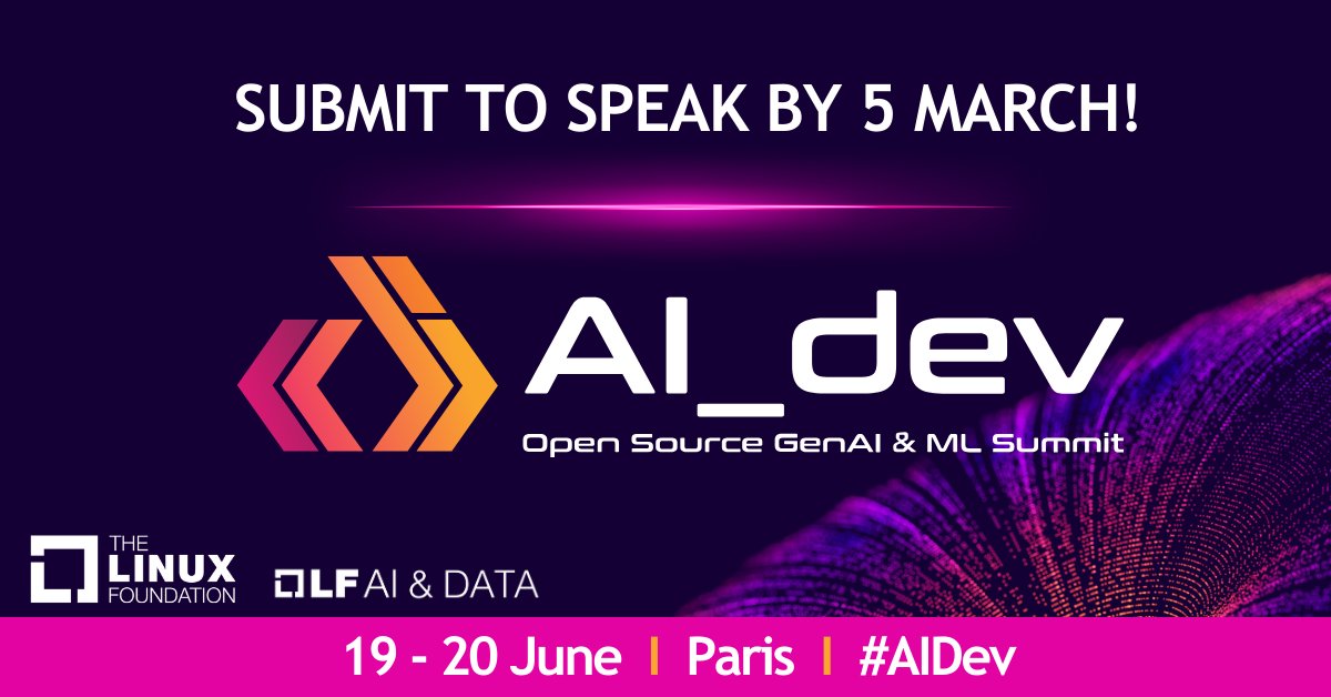 Submit to speak at the only #OpenSource #AI event in Europe - #AIDev! 💥 Bring your knowledge to Paris from 19-20 June & present on tools for #ML, #MLOps, #LLMs, #AutonomousAI & MORE. Join us to shape the future of #GenAI innovation! Submit by 5 March hubs.la/Q02mq6rt0.