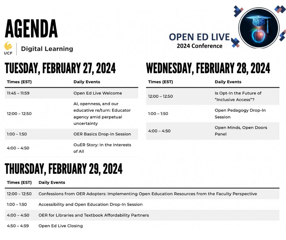 UCFDigitalLearn's tweet photo. The future of Open Education is here. UCF Digital Learning's Open Ed Live event begins today at 11 a.m. Check out the agenda for this free, three-day virtual conference. To register, visit https://t.co/Q6mt9i7kOk #OpenEducation https://t.co/Rm8QOECa97