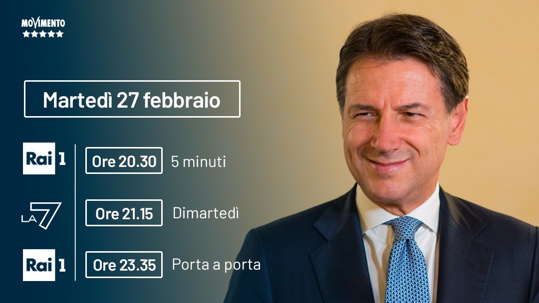GiuseppeConteIT's tweet photo. Questa sera in tv ⤵️ https://t.co/3nTZjED7Bg