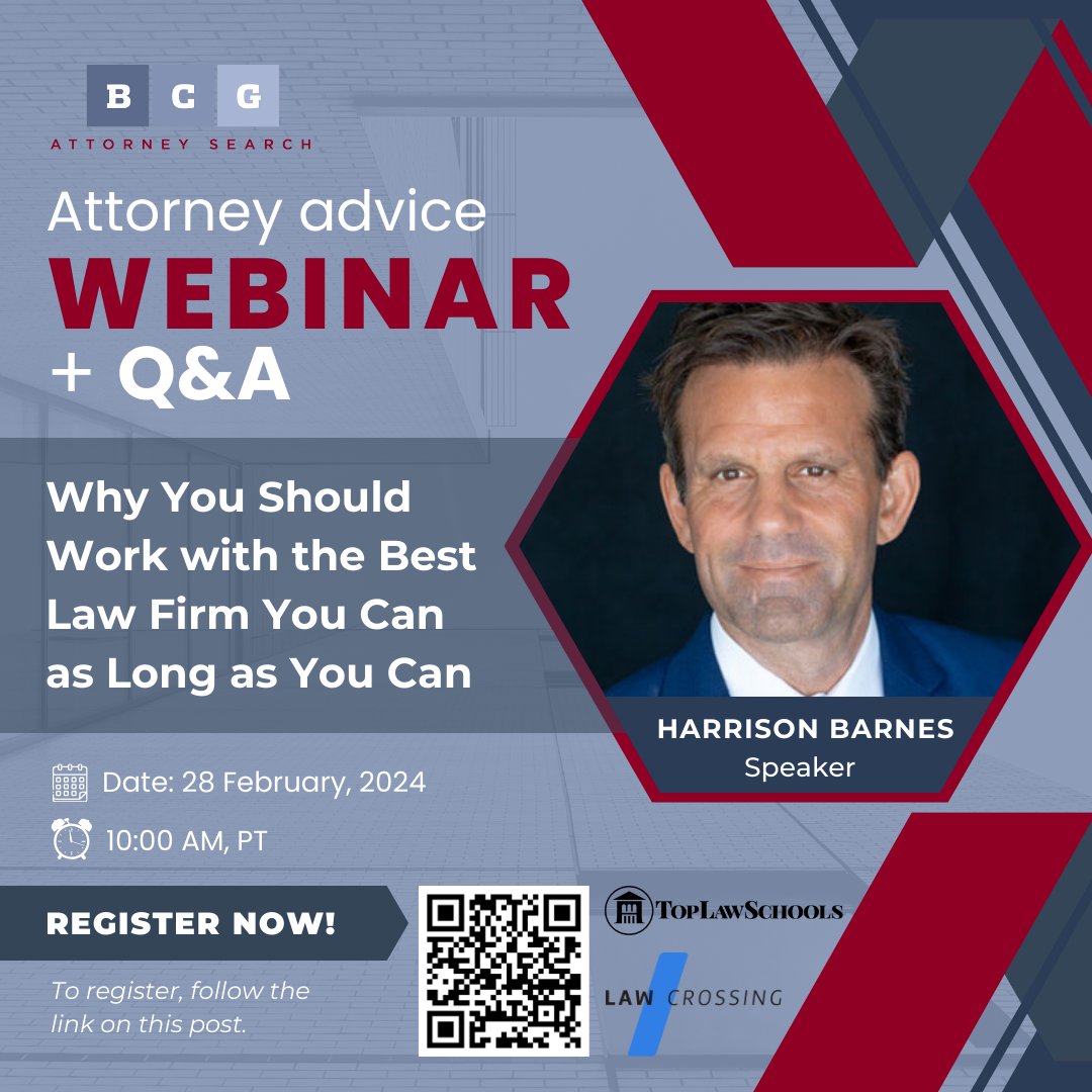 BCGAttorneyJobs's tweet photo. Join our webinar with Harrison Barnes on Feb 28th at 10 am PT.
Explore the importance of aligning with top law firms, gain insights into persistence and resilience, and empower your journey towards success. Register now: https://t.co/glPbbOmQMU
#Webinar #BCGSearch #BestLawFirm https://t.co/O49G4Jlk9W