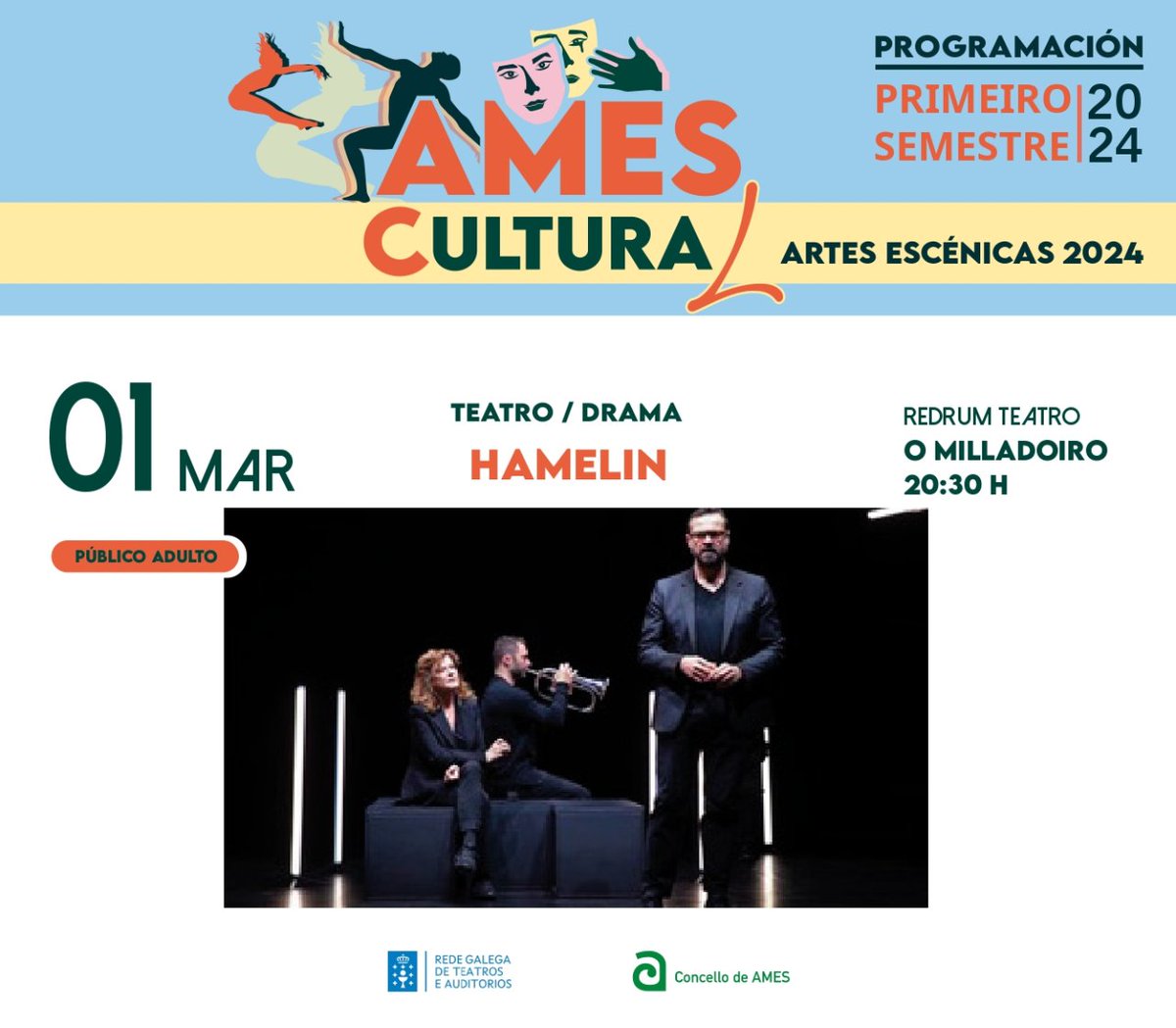 🎭 A obra de teatro "Hamelin" de Redrum Teatro chega este venres 1 de marzo ao #Milladoiro!

📌 Casa da Cultura do #Milladoiro
⏰ Ás 20:30 horas

ℹ️ i.gal/AMrQz
🎟️ Entradas na Billeteira: i.gal/vbDDu

#SomosAmes #AmesCultura