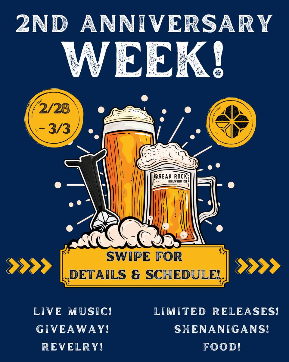 Two years?! Time flies when you are having ALL the fun! Come celebrate our 2nd Anniversary week with us! Special releases, daily giveaways, live music, food pop-ups &amp; more! We can’t wait to party with you! Visit breakrockbrewing.com/events or use the link in… bit.ly/3UVSedF