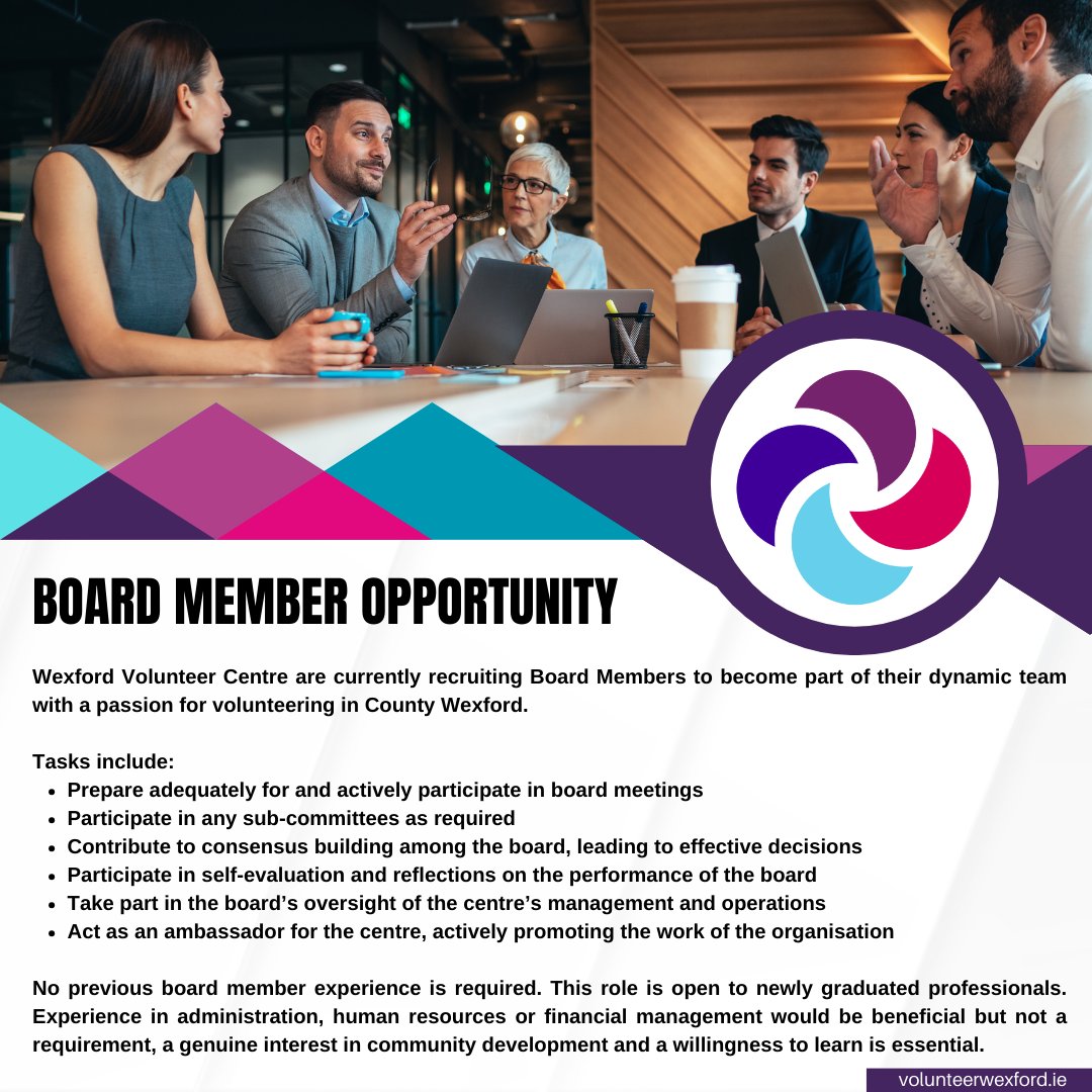 Wexford Volunteer Centre (@wexfordvc) on Twitter photo <a href="/WexfordVC/">Wexford Volunteer Centre</a> are currently recruiting Board Members.
Board meetings happen once a month and no previous board member experience is required.
Email manager@volunteeerwexford.ie for more information.
#WexfordVolunteerCentre #Wexford #Volunteer #boardmemberopportunity <a href="/WexfordVC/">Wexford Volunteer Centre</a> are currently recruiting Board Members.
Board meetings happen once a month and no previous board member experience is required.
Email manager@volunteeerwexford.ie for more information.
#WexfordVolunteerCentre #Wexford #Volunteer #boardmemberopportunity