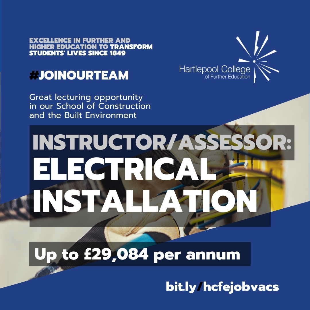 #JoinOurTeam

INSTRUCTOR/ASSESSOR in ELECTRICAL INSTALLATION

Full-time/part-time, permanent
Salary: Up to £29,084 p.a. 
+ 29 days holiday + bank holidays
Location: Hartlepool
Apply by: 05/03/2024

For more details and to apply, visit >> bit.ly/hcfejobvacInsA…

#HCFEJobVacs
