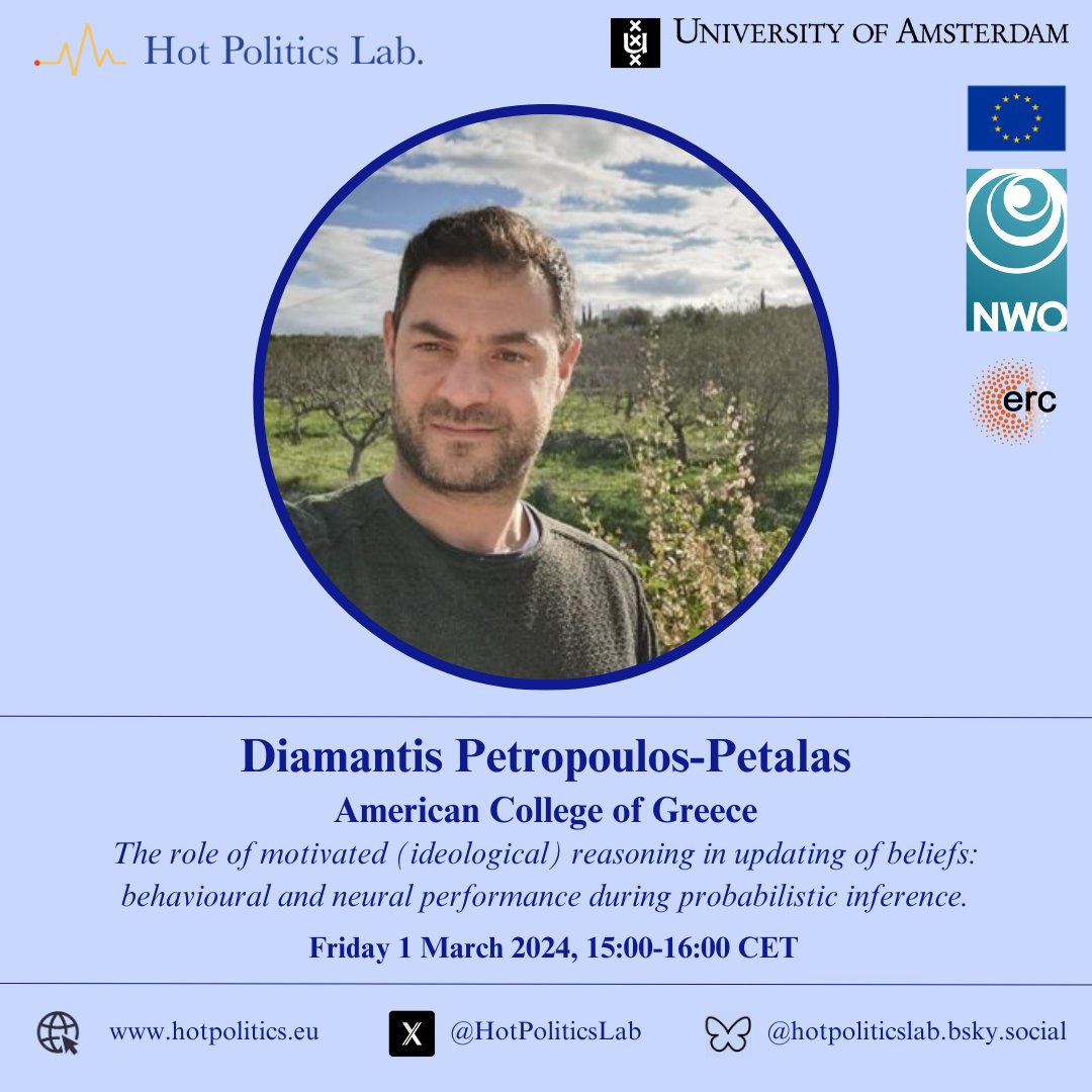 This Friday (01.03), Diamantis Petalas will be giving a talk on the role of motivated reasoning in updating beliefs. The event will exclusively be hosted at Panteion University in Athens. If you're in Amsterdam, you can catch the livestream in the #HotPoliticsLab (REC-B9.22).